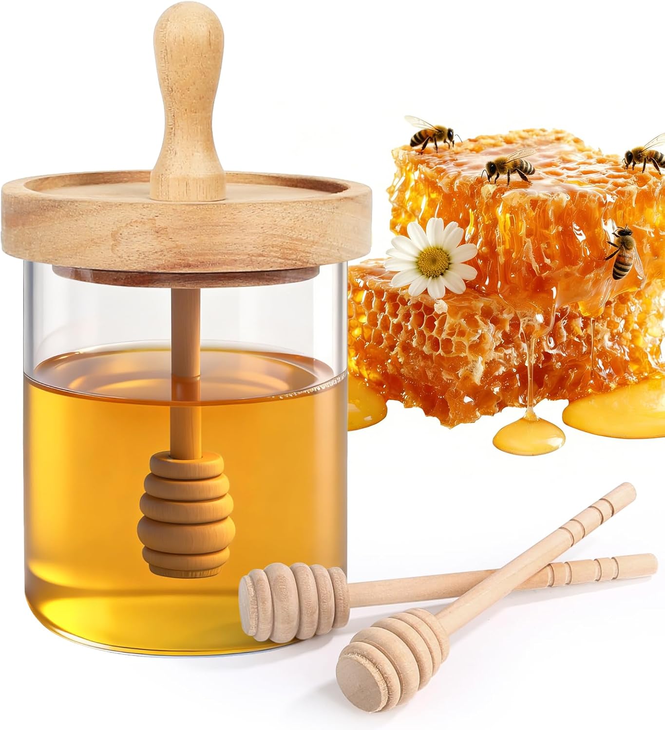 12 Oz Honey Jar with 2 Wooden Dippers and Lid,Honey Pot Dispenser,Clear Glass Honey Container for Home Kitchen,Store Honey and Syrup,Easy to Clean